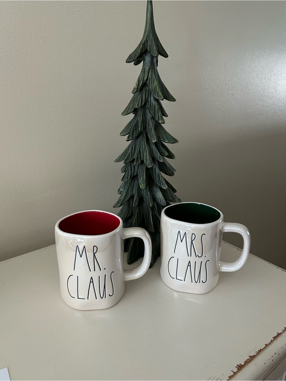Rae Dunn - Mr. Claus & Mrs. Claus Ceramic Mug Set - Red and Green Interior